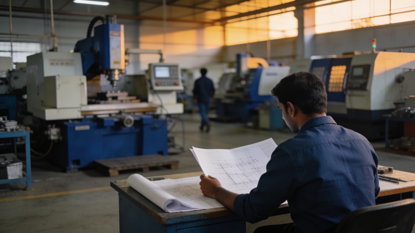 Engineer reviewing technical drawings in a machining workshop in India