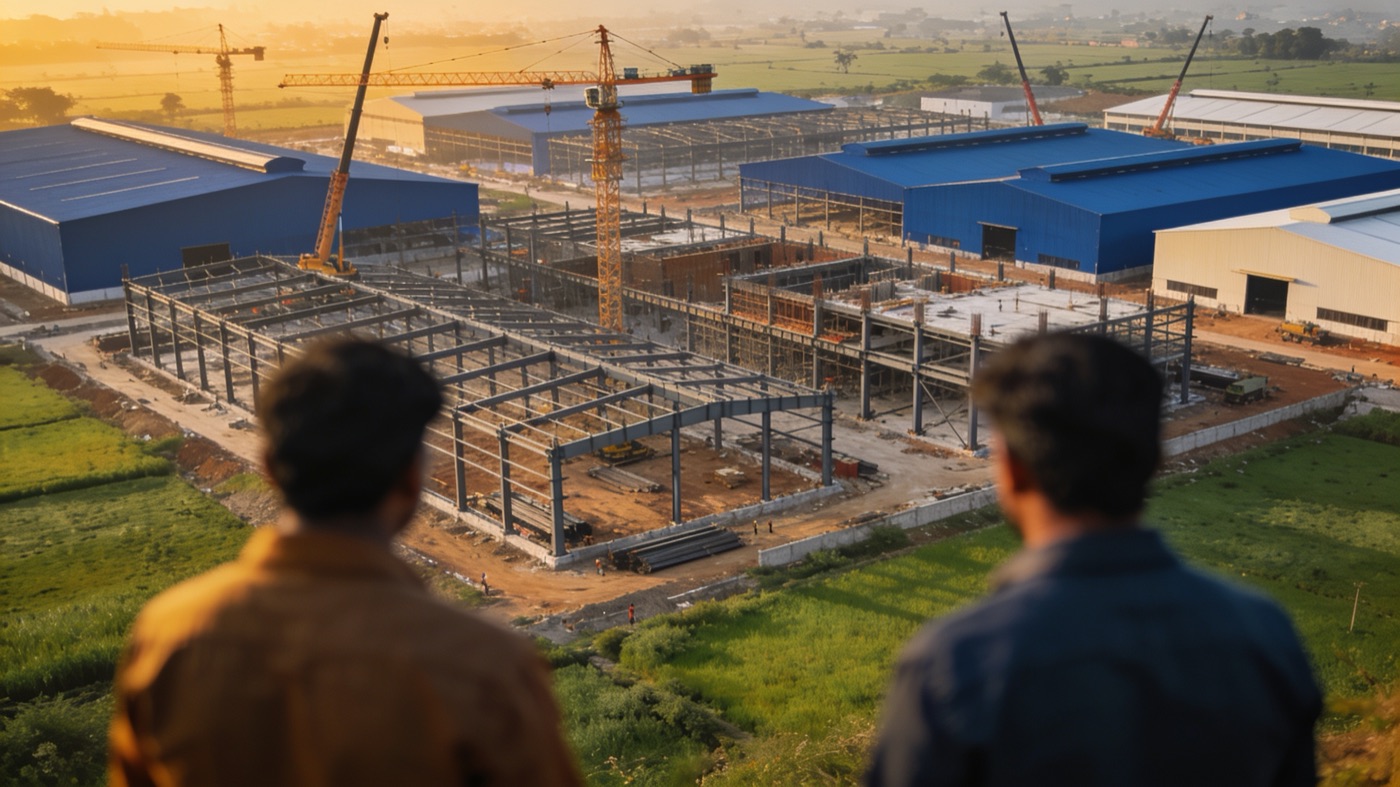 New industrial park under construction near Pune, India, at sunset