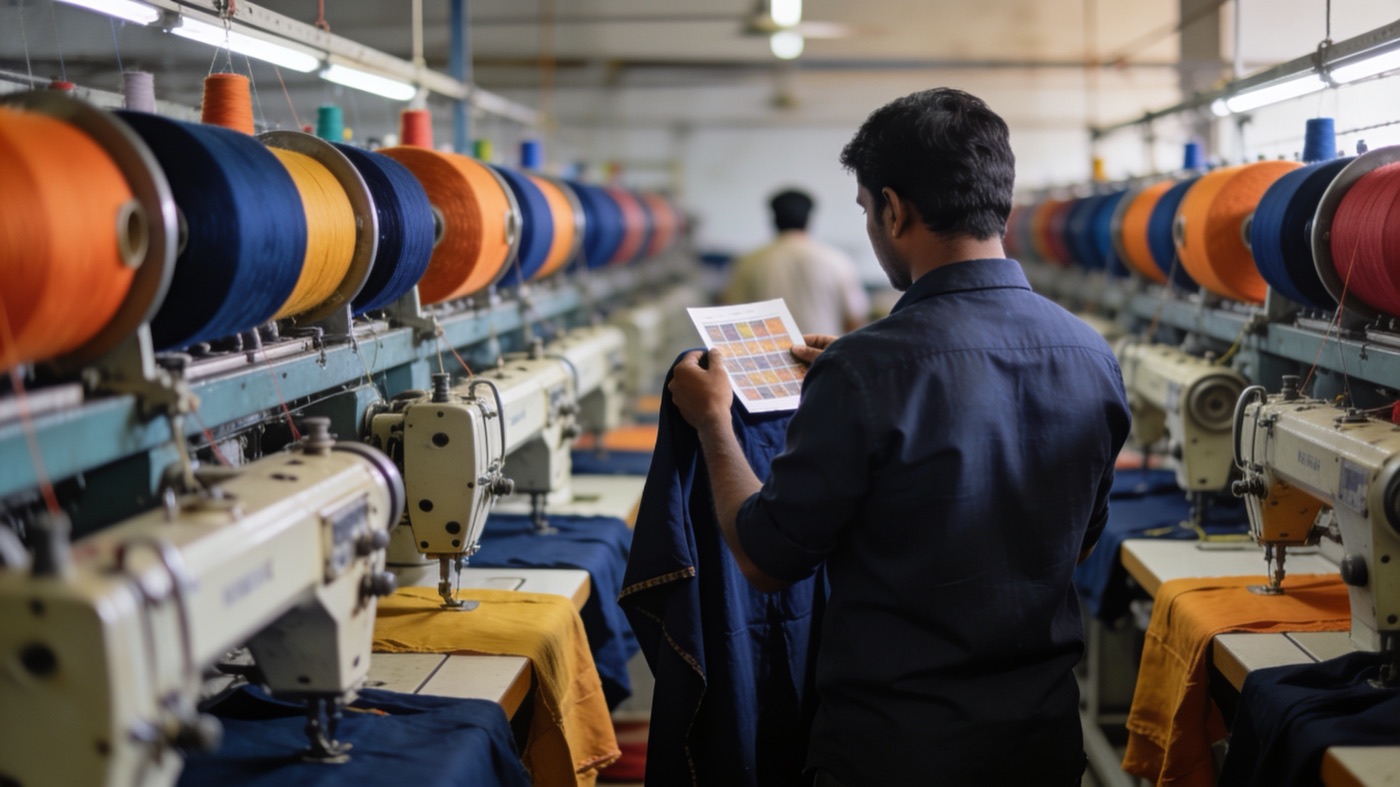Quality inspector checking a garment against a reference sample in an Indian textile factory