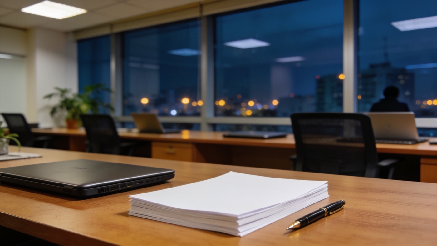 Quiet office in Bengaluru with a stack of documents ready for a company registration